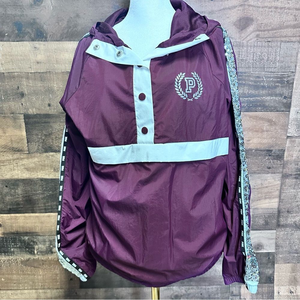 NEW PINK Victoria's Secret XS/S bling sequin snap burgundy windbreaker jacket